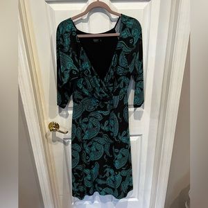14w Igigi brand faux wrap black and green dress.